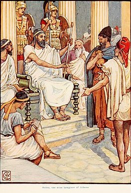 "Solon, the wise lawgiver of Athens", illustration by Walter Crane, from The Story of Greece, told to boys and girls, by Mary Macgregor (1910s)