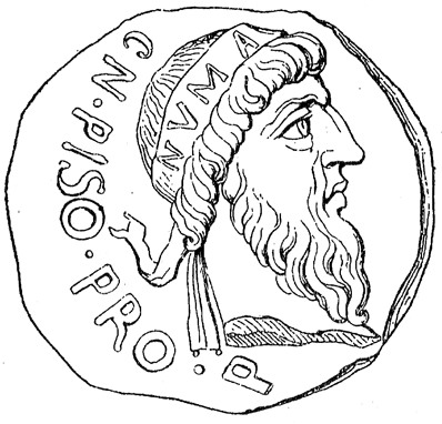 Numa Pompilius shown as an effigy on a Roman coin minted by Gnaeus Calpurnius Piso during the reign of Emperor Augustus.